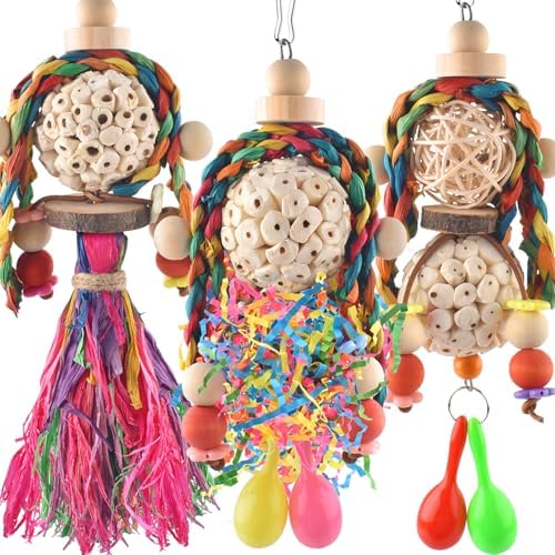 Bissap 3PCS Bird Parrot Foraging Shredder Hanging Toys Sola Balls with Sand Hammer for Small Parrots Parakeets Conures Cockatiels Love Birds Cage Toy