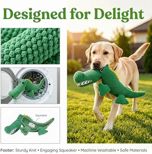 EMMA COLE Plush Chew Toys for Large Dogs, Interactive Plush Toy with Crinkle & Tug of War Tail for Small Medium Large Dogs, Keep Them Busy, Big Pet Toys (Crocodile)