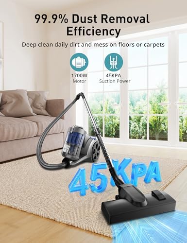 Aspiron 1700W Canister Vacuum Cleaner, 45Kpa Bagless Vacuum Cleaner | Multi-Cyclonic Filtration, 2 Anti-Allergen HEPA Filters, 3.5QT Dust Cup, No Hair Tangles for Hard Floor, Pet Hair, Violet
