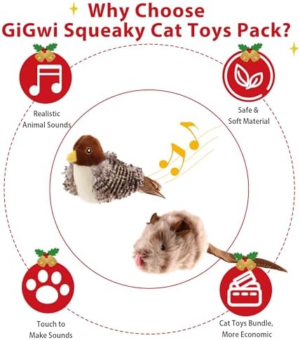 Gigwi Automatic Cat Toys Pack, Interactive Electronic Squeaky Animals Bird and Mouse, Plush Toys for Cats to Play Alone, 2 Pcs
