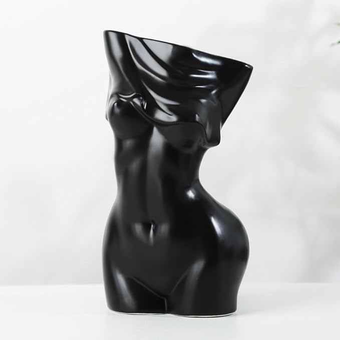 Black Female Body Vase - Unique Undressing Ceramic Flower Planter, Modern Curved Art Sculpture for Home Decor, Table, Shelf & Desk 7.68inches (Black)