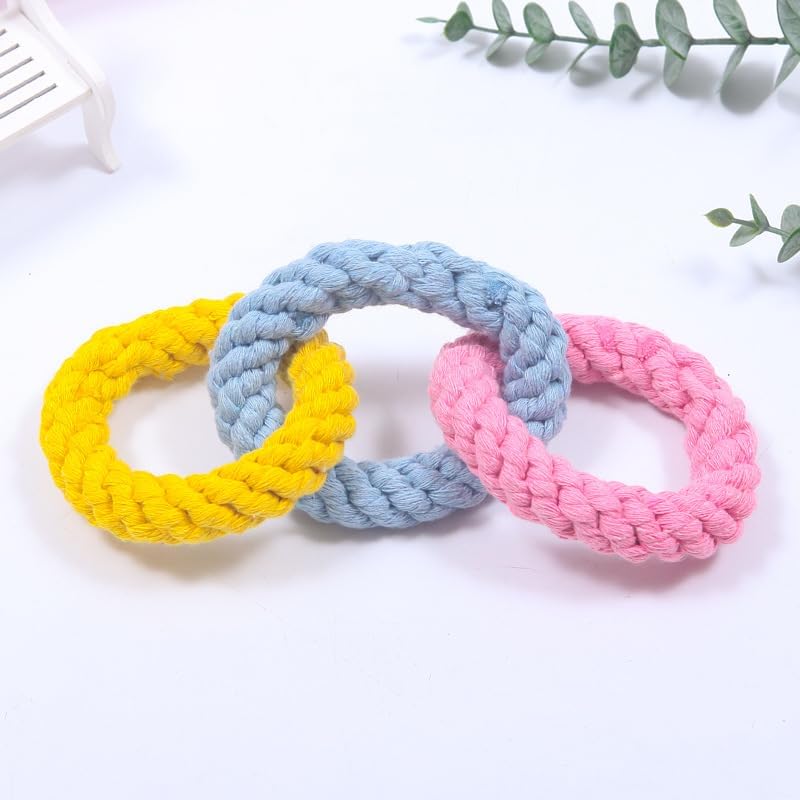 Tri-Color Cotton Rope Triple Ring Dog Chew Toy, Pink-Yellow-Light Blue