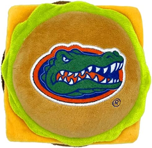 Pets First NCAA Florida Gators Cheese Burger Plush Dog & CAT Squeak Toy - Cutest Stadium HAMBERGER Snack Plush Toy for Dogs & Cats with Inner Squeaker & Beautiful Football/Basketball Team Name/Logo