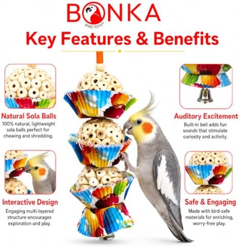 Bonka Bird Toys 1931 Three Cake, 11.75" Hanging Bird Toy with Sola Balls, Cupcake Cups, Wooden Beads, Bell, and Straw, Chewable and Shreddable.