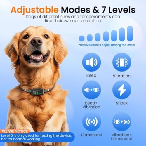 Smart Anti Bark Collar for Dogs, Rechargeable Dog Bark Collar with 6 Adjustable Modes (Beep, Vibration, Shock, Ultrasound) & 7 Sensitivity Levels, Automatic Waterproof Training Collar for All Breeds