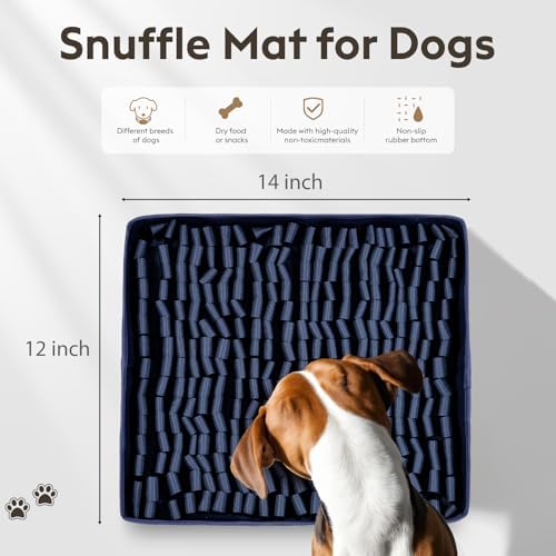 FunFurry Snuffle Mat for Dogs, Dog Puzzle Mat, Interactive Dog Toys for Enrichment,Sniff Mats with Non-Slip Backing,Portable Design Easy to Store (Navy, 14" X 12"-Portable)