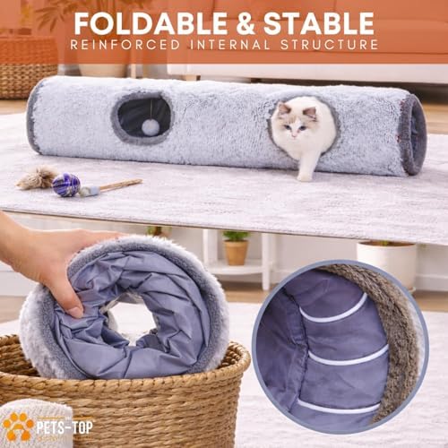 Cat Tunnels for Indoor Cats – Cat Crinkle Tunnel – Collapsible Long Plush– Cat Tube Cute Cozy Pet Play for Hours of Fun (47" / Pearl Gray)