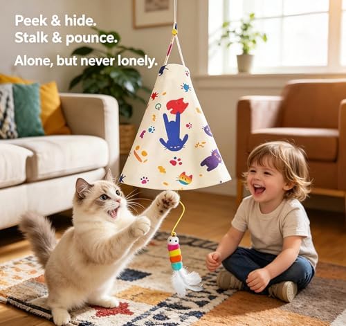 Interactive Hanging Cat Toy with Hidden Feather Teaser, Random Height Adjustment, Fast 0.5H Type-C Rechargeable Interactive Cat Toy, Door Hanging Enrichment Toy for Indoor Cats