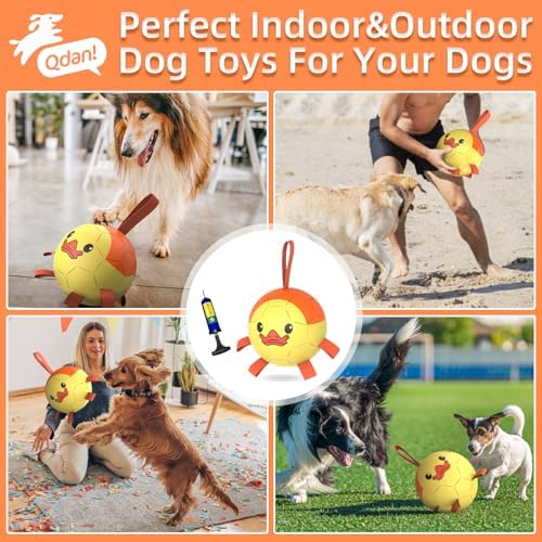 QDAN Dog Toys Soccer Ball with Straps, Interactive Dogs Toys for Tug of War, Puppy Birthday Gifts, Dogs Tug Toy, Dog Water Toy, Durable Dog Balls for Medium & Large Dog - Duck（8 Inch）