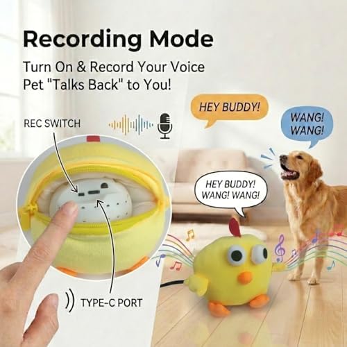 Interactive Talking Dog Toy with Voice Recording & Singing, Cute Chicken Plush Moving Bouncing Pet Toy, USB-C Rechargeable Soft Dog Toy for Dogs & Cats