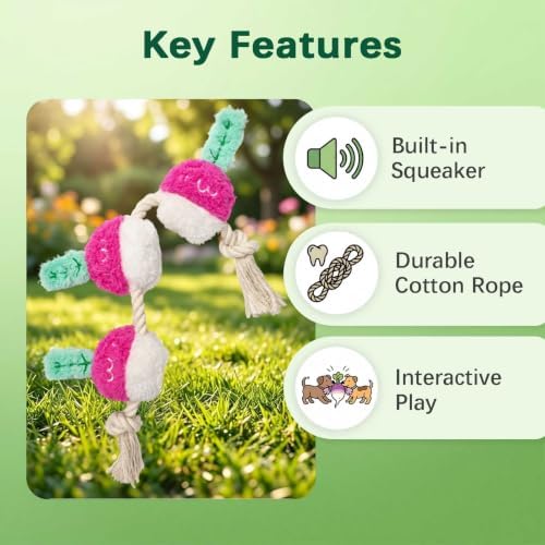 Purple Radish Dog Rope Toy, Squeaky Plush Tug for Small Medium Dogs