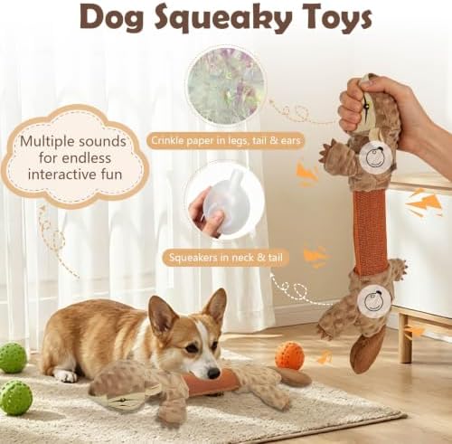 Squeaky Squirrel Dog Toy with 2 Treat-Hiding Pockets, Interactive Plush Tug Toy for Aggressive Chewers, Durable Crinkle Chew Toy for Small Medium Large Dogs