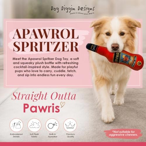 Dog Diggin Designs Apawrol Spritzer Plush Dog Toy | Luxury-Inspired Parody Drink Bottle Dog Toy with Squeaker, Soft Plush Novelty Dog Toy – Shaken, Not Stirred!