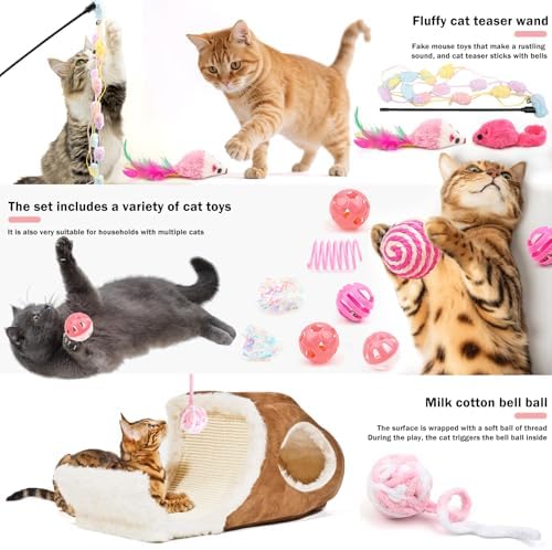 QUOZUO 16Pcs Cat Toy Set Pink Kitten Toys Pack Including Feather Teaser Interactive Wand Cat Springs Mice Crinkle Balls and Pet Bell Balls Toys for Bored Indoor Cats, Gift Box Styles (Pink)