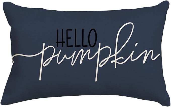 RABUSOFA Fall Pillow Covers 12x20 Inch Dark Blue Thanksgiving Autumn Hello Pumpkin Quote Lumbar Harvest Outdoor Cushion Cases Seasonal Fall Decorations for Home Couch