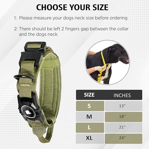 Heavy Duty Tactical Dog Collar with AirTag Holder, Adjustable GPS Tracking Collar for Small, Medium & Large Dogs, Compatible with Apple AirTag, Includes Control Handle for Added Security(Green, M)