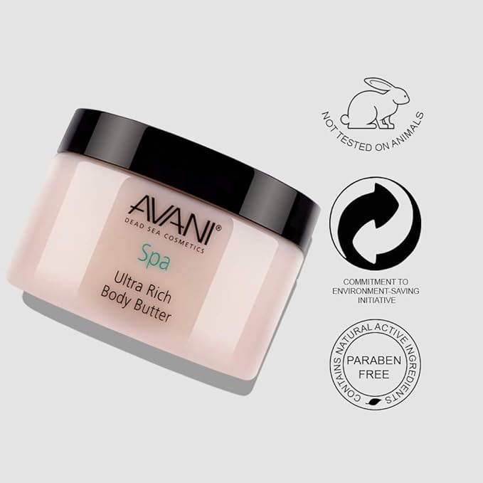 Avani Ultra Rich Body Butter - Dead Sea Salt, Aloe Vera, Vitamin E, Shea, Jojoba, Sunflower, Olive Essential Oil - Natural Butter for All Skin Types - Milk/Honey Fragrance