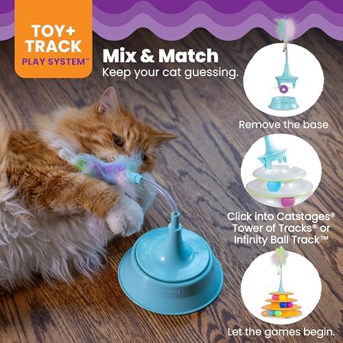 Catstages 2-in-1 Spring Teaser Cat Toy – Bouncy Interactive Cat Ball Track Add-On with Feathers & Bells, Blue