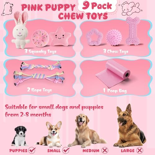 9pcs Pink Puppy Toys for Teething Treat Interactive to Keep Them Busy
