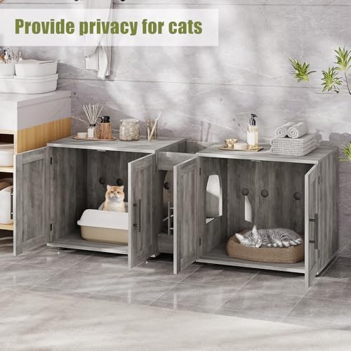 Cat Litter Box Enclosure for 2 Cats,55" Large Hidden Litter Box Furniture with Barn Door & Double Rooms,Modern Indoor Pet House TV Stand Side Table,Cats Washroom,for Bedroom Living Room,Grey