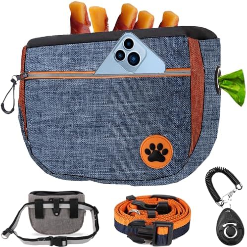 Large 7 Cup Dog Treat Pouch with Clicker,Treat Pouches for Pet Training,Crossover Self-Closing Bag,Built-in Poop Bag Dispenser, 46“ Free Hand Waist Belt for Walks/Oxford Fabric/double pocket(Blue)