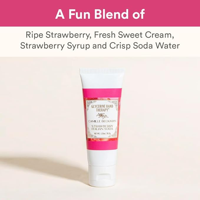Camille Beckman Glycerine Hand Therapy Cream, Strawberry Italian Soda, Ultra Moisturizing Hand Cream for Dry, Cracked Hands, Non-Greasy, Paraben-Free, Made in USA,1.35 Ounce