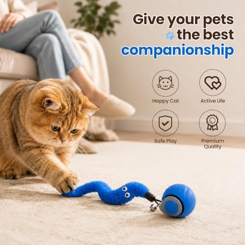 Automatic Rolling Cat Toy, 2-Speed Interactive Ball with Sound & 3 Replaceable Tails for Indoor Cats(Blue)