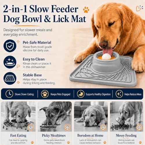 Slow Feeder Dog Bowls & Lick Mat Combo for Liquid and Thick Treat, Silicone