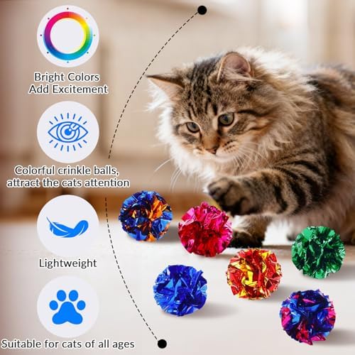 24Pcs Crinkle Cat Toy Balls, 2.47'' Interactive Crinkle Balls, Mylar Balls Cat Toy, Colorful Paper Ball Toys for Indoor Cats Kittens to Chew, Chase, Swat, Bite, Helps Kill Time and Keep Active