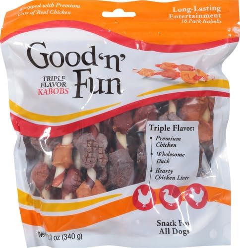 Good N Fun Triple Flavor Kabobs Chews for All Dogs, Treat Your Dog to Chews Made from Beef Hide, Real Chicken, Pork Hide, Duck and Chicken Liver, 18 Count (Pack of 2)