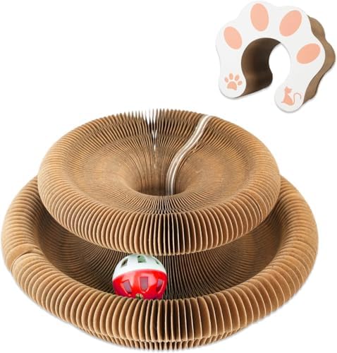 Kitty Curlz Cat Toy, Magic Organ Cat Interactive Scratcher Cardboard with Bell Ball, Foldable & Changeable Accordion Shape Exercise Anxiety Relief Toy for Indoor Cats(1PCS)