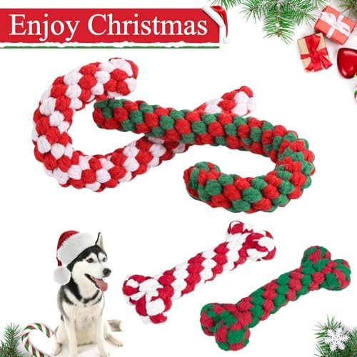 SCENEREAL Christmas Dog Toys, Durable Crutch Bone Rope Toys 4 Pack, Bite Resistant Chew Toy for Teething Cleaning, Xmas Element Rope Toy for Puppy Small Medium Large Dogs