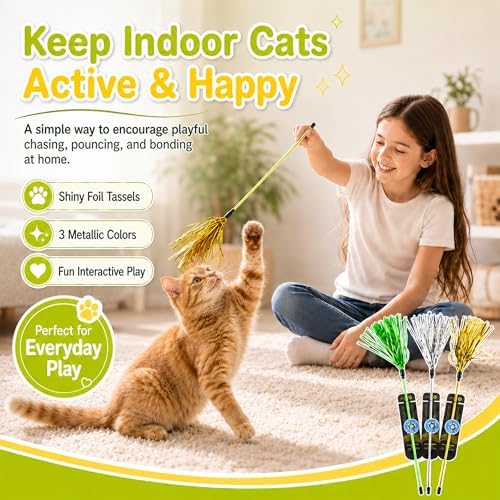 ADUCK Tinsel Cat Wand Toys for Indoor Cats, Interactive Kitten Toys, 3 Pack