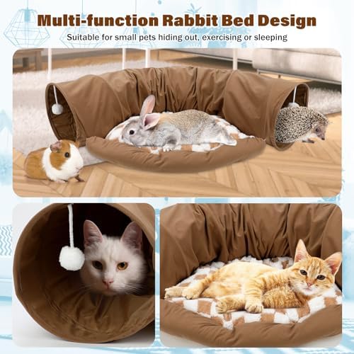 BWOGUE Bunny Tunnel Bed, Collapsible Rabbit Tunnel Hideout with Mat, Coffee