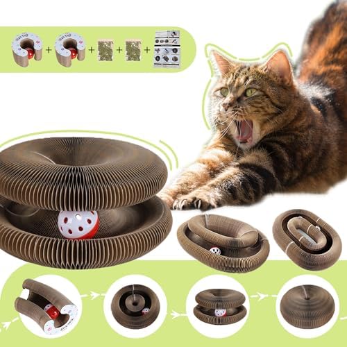 2pcs Kitty Curls Cat Toys,Magic Organ Cat Scratching Board for Indoor Cats, Foldable Accordion Honeycomb Scratcher with Ball, Interactive Twisty Paws (2PCS)