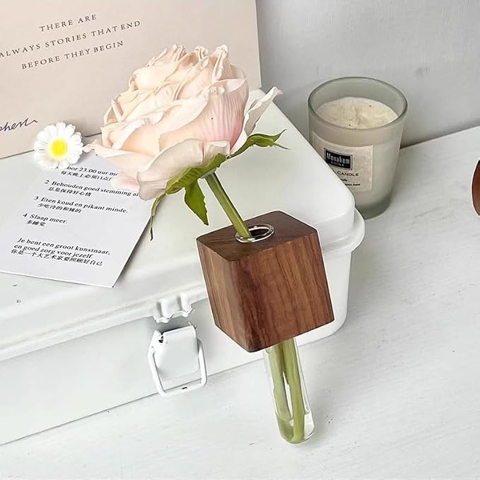 3 Pack Wooden Hydroponic Vase Fridge Magnets, Mini Glass Planter with Strong Magnet for Refrigerator Whiteboard Cabinet, Home Kitchen Decor for Succulents Cuttings Small Flowers