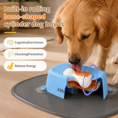 Dog Lick Bowl Slow Feeder with Rolling Log & Suction Base, Blue, Mat