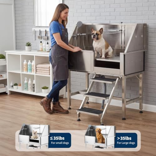 Professional Stainless Steel Dog Washing Station 46 Inch – Heavy Duty Pet Grooming Bathtub – Brushed Finish – Access Stairs – Ideal for Home or Salon – Right Opening Door
