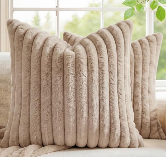 Pack of 2 Throw Pillow Covers 18x18 Decorative Solid Plush Faux Fur with Soft Velvet Back, Square Striped Cushion Cases Modern Farmhouse Home Decor for Living Room Couch Sofa Bed Apricot