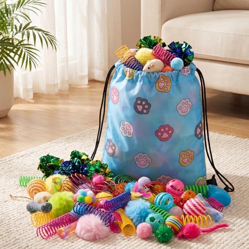 Leitee 100 Pcs Cat Toys Variety Pack with 1 Gift Storage Bag, Interactive Cat Play Assortment Set for Indoor Kitten, Colorful Springs, Mouse Toys, Chew Ropes, Balls, Bells & Sisal Ball(Ball Toy)