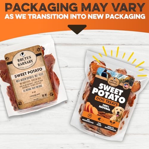 BRUTUS & BARNABY Dried Sweet Potato Dog Treats, Full Slices, 2 lb, 2 Pack | Single ingredient chews, healthy, hypoallergenic; gentle on sensitive stomachs. Made in USA, thick cut for large breeds