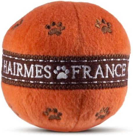 Dog Diggin Designs Hairmes Ball Plush Dog Toy – Fashion Inspired Squeaky Parody Ball Toy, Soft Luxury Style Interactive Pet Toy for Small Dogs and Puppies, Cute Plush Fetch Toy