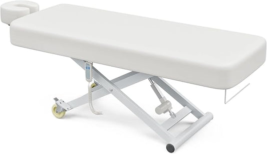 Paddie Flat Electric Lift Massage Table, Professional Spa Bed 6.7" Memory Foam with Adjustable Face Cradle and Rolling Wheels, White