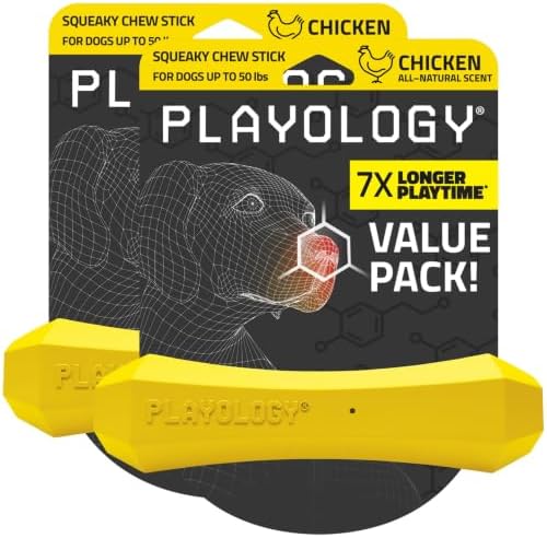 Playology Squeaky Chew Stick - Scented Dog Toy - Medium, Chicken Scent, 2pk