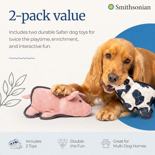 Smithsonian Quilted Safari Dog Toy 2-Pack, Durable Plush Dog Toys with Squeaker, Quilted Construction & Muscle Tough Fabric, Interactive Play Toys Designed for Enhanced Durability, Cow and Pig Box Set