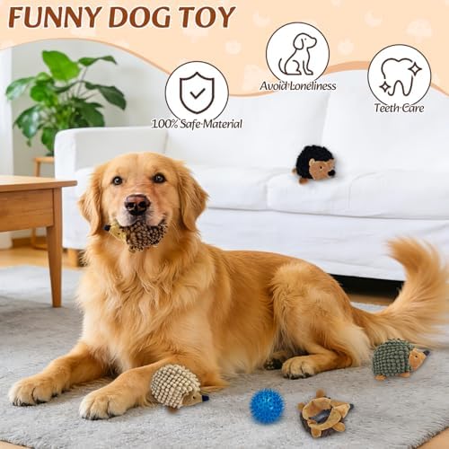 2-in-1 No-Stuffing Hedgehog Dog Toys 5PCS, Squeaky Ball for Throwing Play | Interactive Chewing Toys for Medium and Small Pets, Durable Plush for Companion, Keep Puppy Busy, Holiday Gift