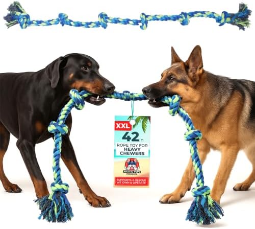 Pacific Pups Products Giant Dog Tug of War Rope Toy, 42 inch, 6 Knots, Neon