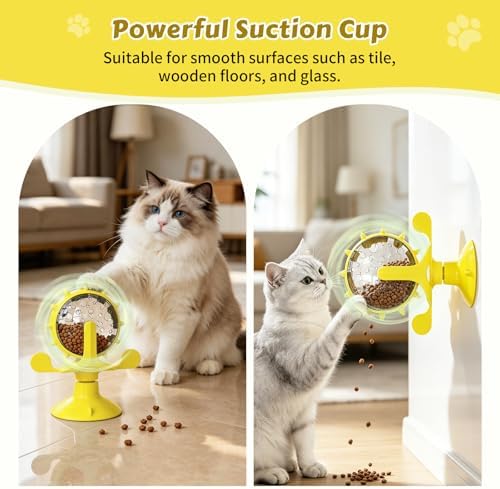 Cat Food Treat Dispenser Toy Interactive with 360°Rotating Windmill Suction Cup for Indoor Cats, Kittens & Small Dogs Slow Feeder Snack Exercise & Distribution Wheel Toy