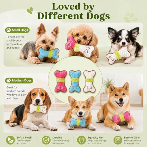 Calming Plush Toys for Dogs, 3 Packs Cute Bone-Shaped Squeaky Toys, Durable Puppy Chew Toy for Small, Medium Dogs