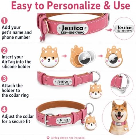Personalized Leather Dog Collar with AirTag Holder Case, Custom Engraved Nameplate Dog Collar, Adjustable Genuine Leather Soft Padded Dog ID Collar for X-Small Small Medium Large X-Large Dogs-Pink-XS